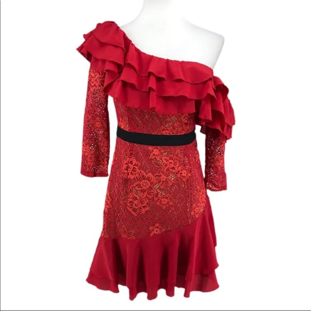 For Love & Lemons Red Hot Chianti Off The Shoulder Ruffle Mini Dress
